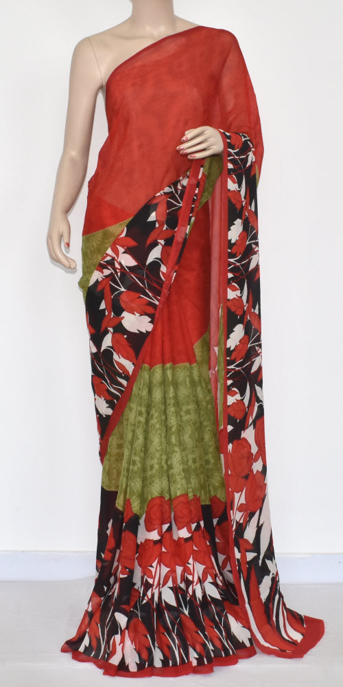 Red-Green Wrinkle Free Georgette Saree with Blouse