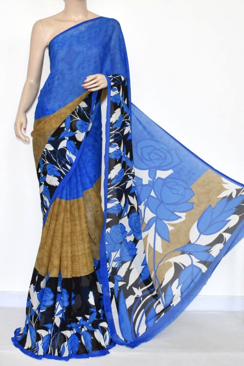 Blue-Fawn Wrinkle Free Georgette Saree with Blouse