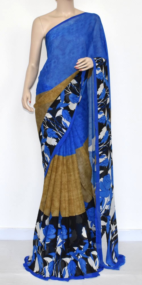 Blue-Fawn Wrinkle Free Georgette Saree with Blouse