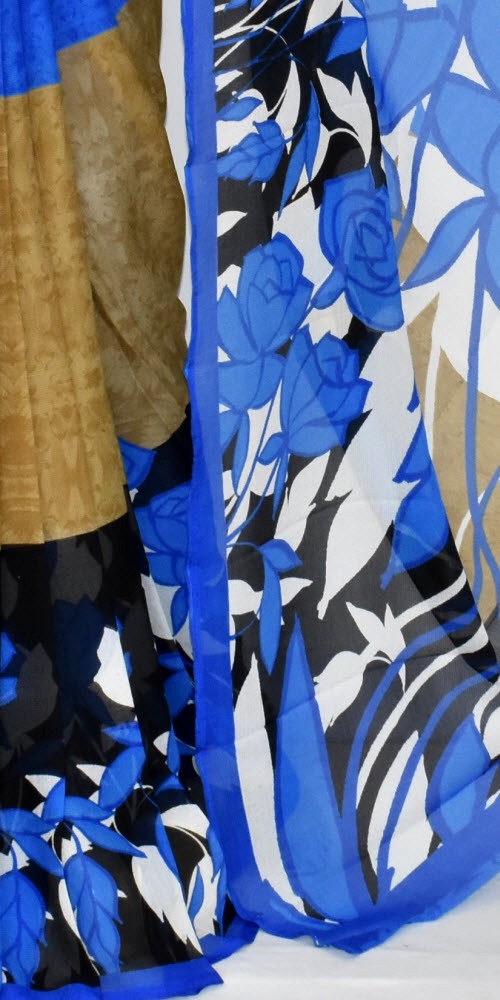 Blue-Fawn Wrinkle Free Georgette Saree with Blouse