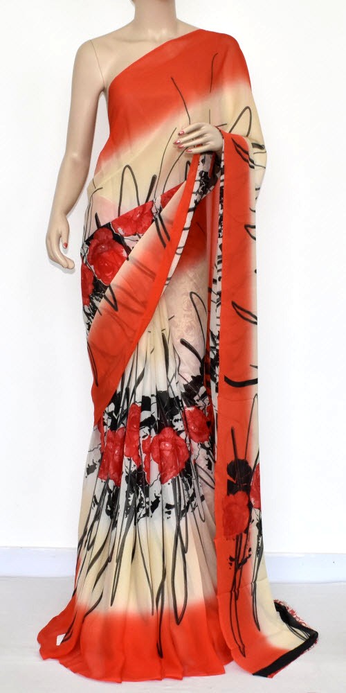 Orange-Cream Wrinkle Free Georgette Saree with Blouse