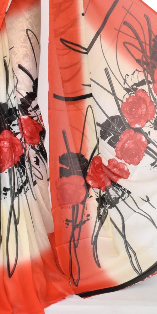 Orange-Cream Wrinkle Free Georgette Saree with Blouse