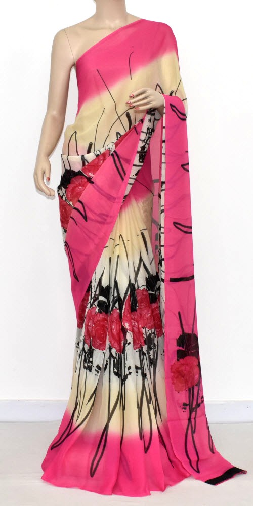 Pink-Cream Wrinkle Free Georgette Saree with Blouse