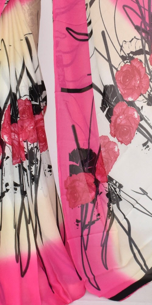 Pink-Cream Wrinkle Free Georgette Saree with Blouse