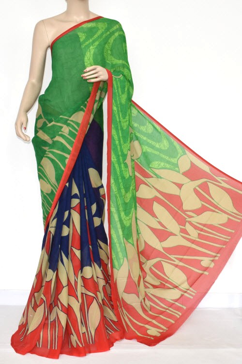 Red-Green-Blue Wrinkle Free Georgette Saree with Blouse