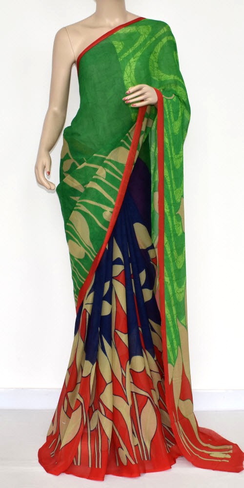 Red-Green-Blue Wrinkle Free Georgette Saree with Blouse