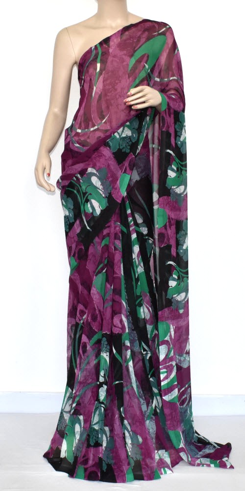 Magenta-Green Wrinkle Free Georgette Saree with Blouse