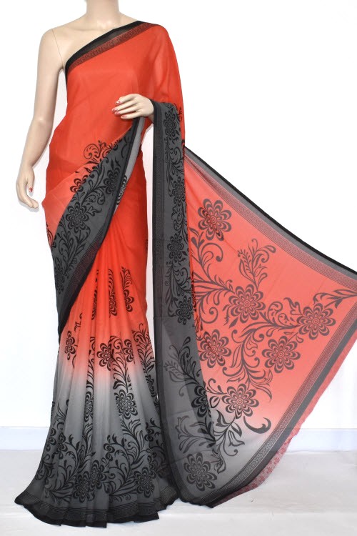 Peach-Grey Printed Chiffon Saree with Blouse