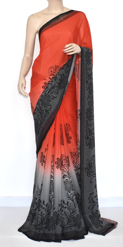 Peach-Grey Printed Chiffon Saree with Blouse