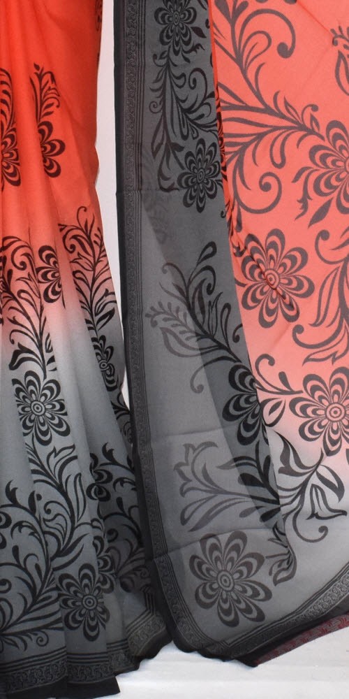 Peach-Grey Printed Chiffon Saree with Blouse
