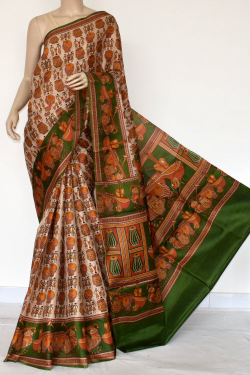 Green-Fawn Printed Art Silk Saree with Blouse