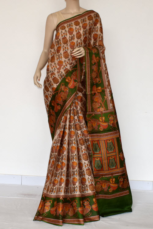 Green-Fawn Printed Art Silk Saree with Blouse