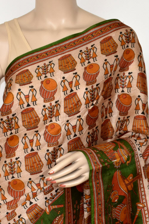 Green-Fawn Printed Art Silk Saree with Blouse