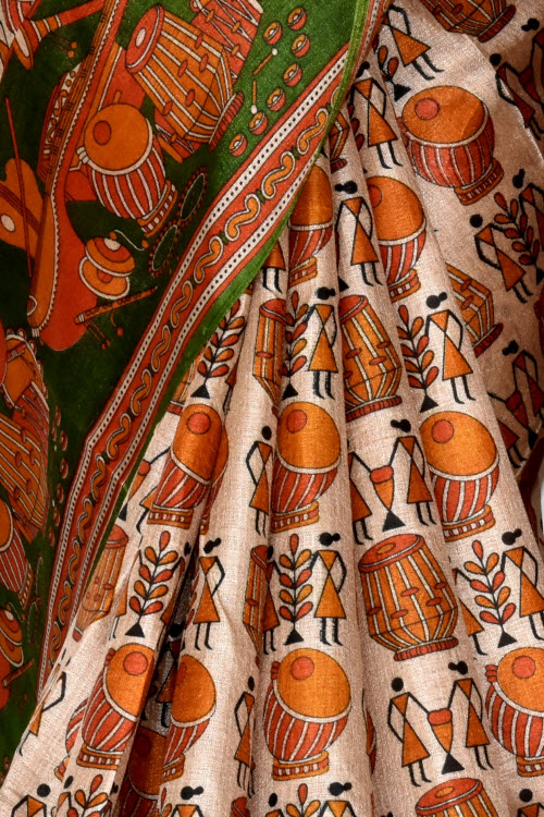 Green-Fawn Printed Art Silk Saree with Blouse