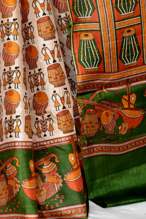 Green-Fawn Printed Art Silk Saree with Blouse