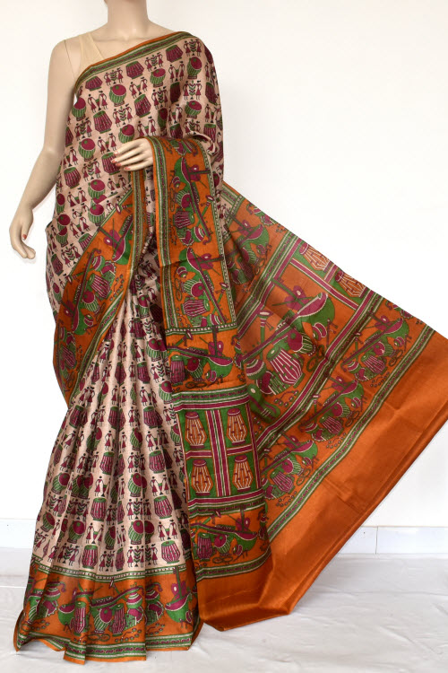 Rust-Fawn Printed Art Silk Saree with Blouse