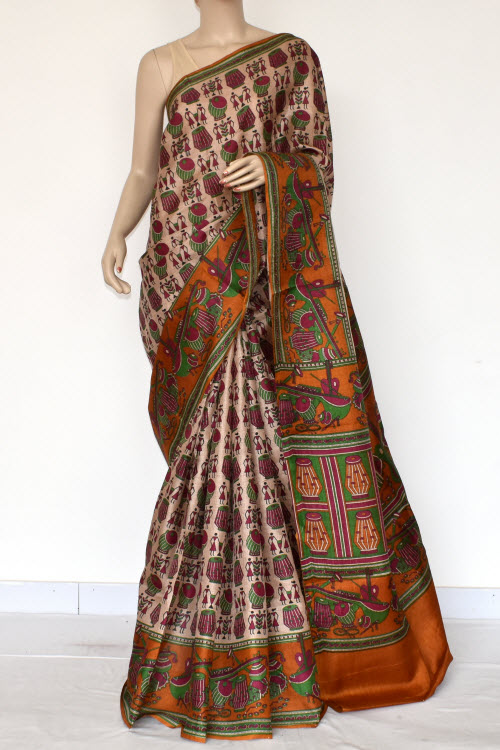Rust-Fawn Printed Art Silk Saree with Blouse