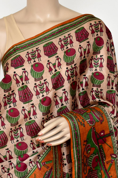 Rust-Fawn Printed Art Silk Saree with Blouse