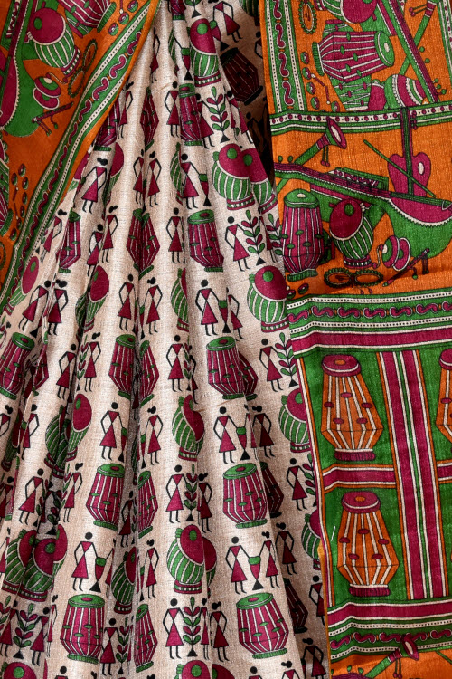 Rust-Fawn Printed Art Silk Saree with Blouse