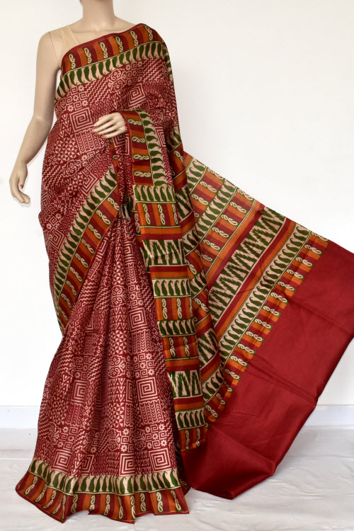Maroon Printed Art Silk Saree with Blouse