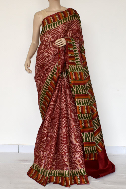 Maroon Printed Art Silk Saree with Blouse