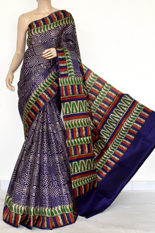 Blue Printed Art Silk Saree with Blouse