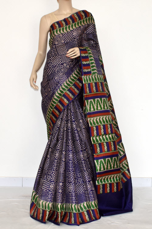 Blue Printed Art Silk Saree with Blouse