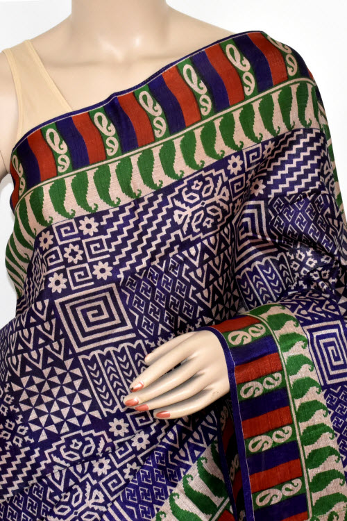 Blue Printed Art Silk Saree with Blouse