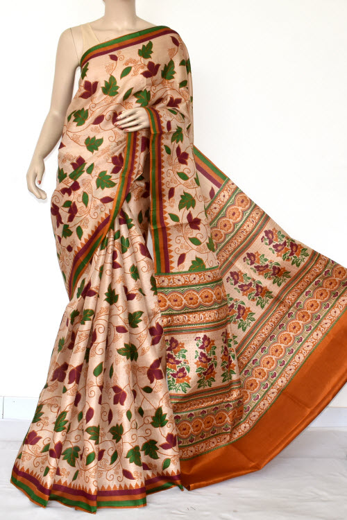Rust Printed Art Silk Saree with Blouse