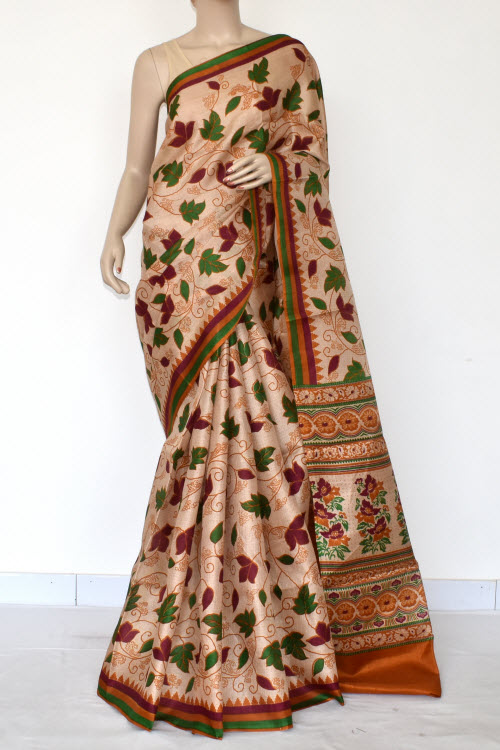 Rust Printed Art Silk Saree with Blouse