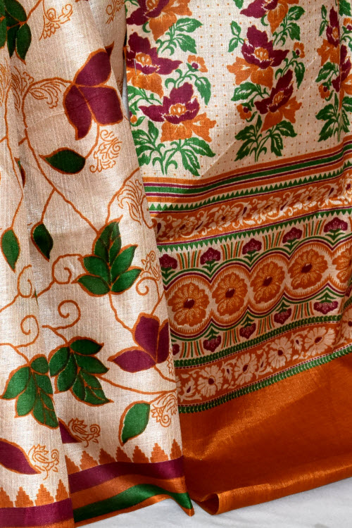 Rust Printed Art Silk Saree with Blouse