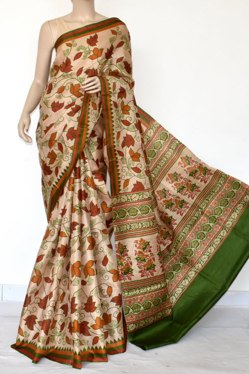 Green-Rust Printed Art Silk Saree with Blouse