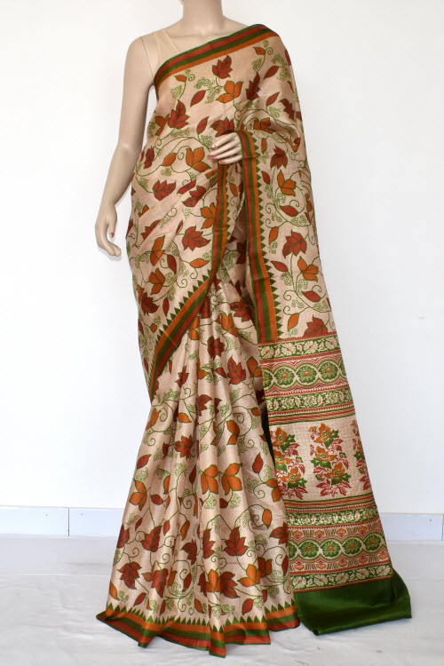 Green-Rust Printed Art Silk Saree with Blouse