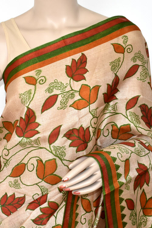 Green-Rust Printed Art Silk Saree with Blouse