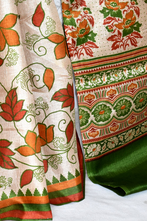 Green-Rust Printed Art Silk Saree with Blouse
