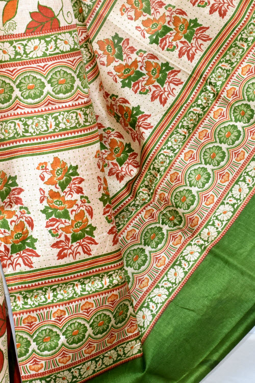 Green-Rust Printed Art Silk Saree with Blouse