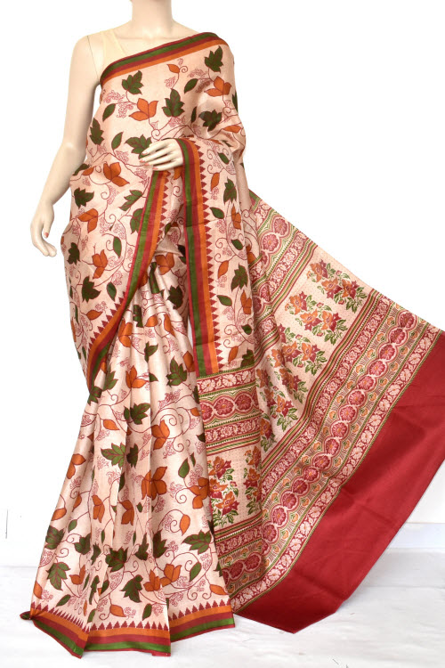 Rust-Fawn Printed Art Silk Saree with Blouse