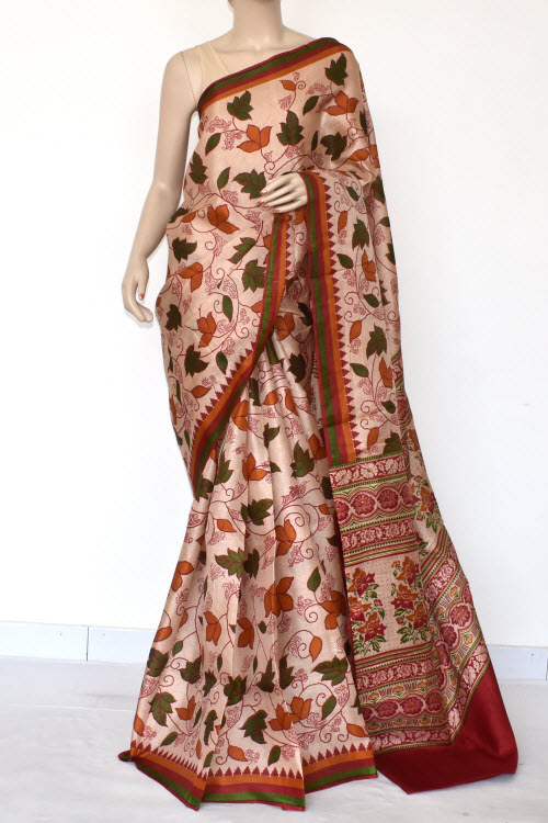 Rust-Fawn Printed Art Silk Saree with Blouse