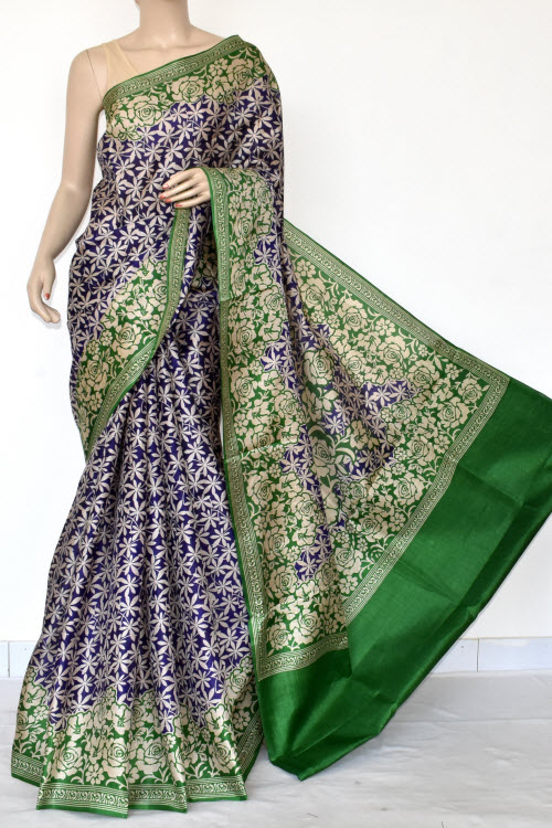 Blue-Green Printed Art Silk Saree with Blouse
