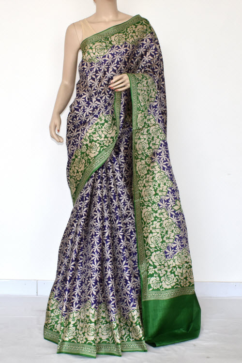 Blue-Green Printed Art Silk Saree with Blouse