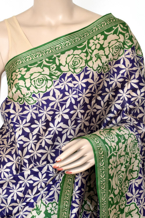 Blue-Green Printed Art Silk Saree with Blouse