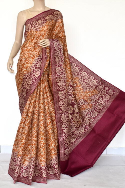 Maroon-Mustard Printed Art Silk Saree with Blouse