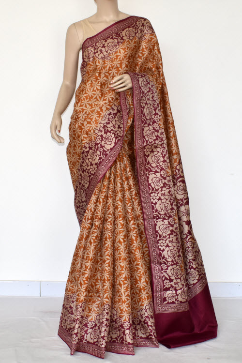 Maroon-Mustard Printed Art Silk Saree with Blouse