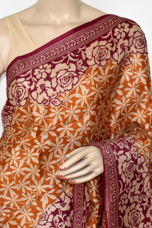 Maroon-Mustard Printed Art Silk Saree with Blouse