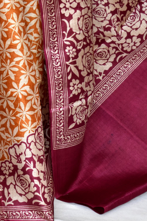 Maroon-Mustard Printed Art Silk Saree with Blouse