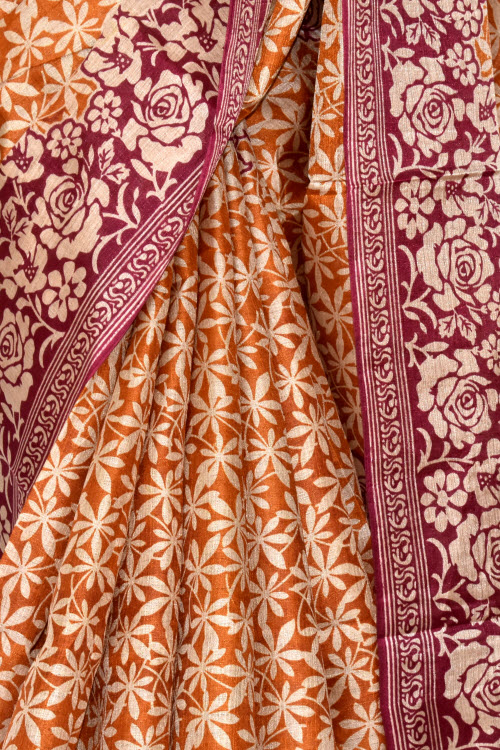 Maroon-Mustard Printed Art Silk Saree with Blouse