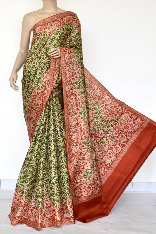 Rust-Green Printed Art Silk Saree with Blouse