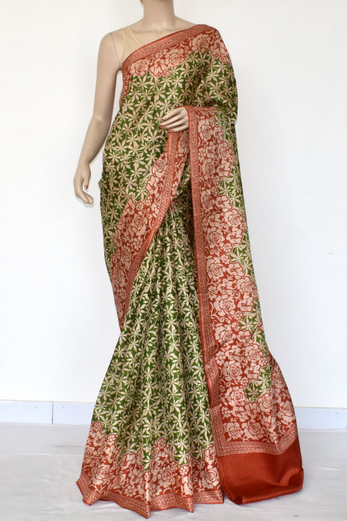 Rust-Green Printed Art Silk Saree with Blouse