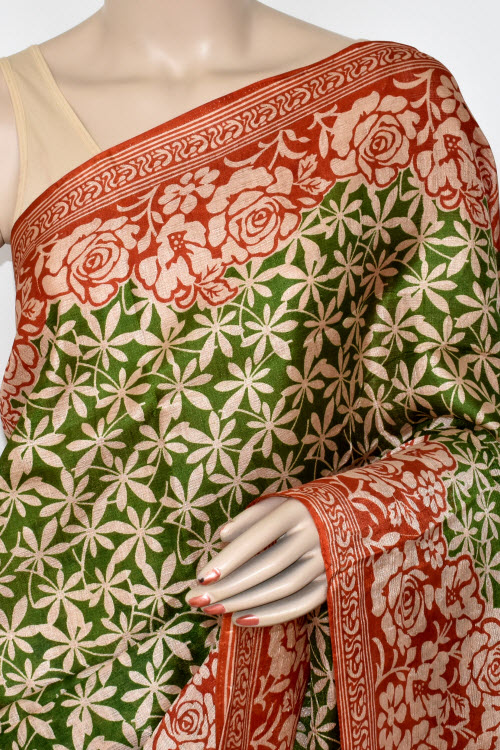 Rust-Green Printed Art Silk Saree with Blouse