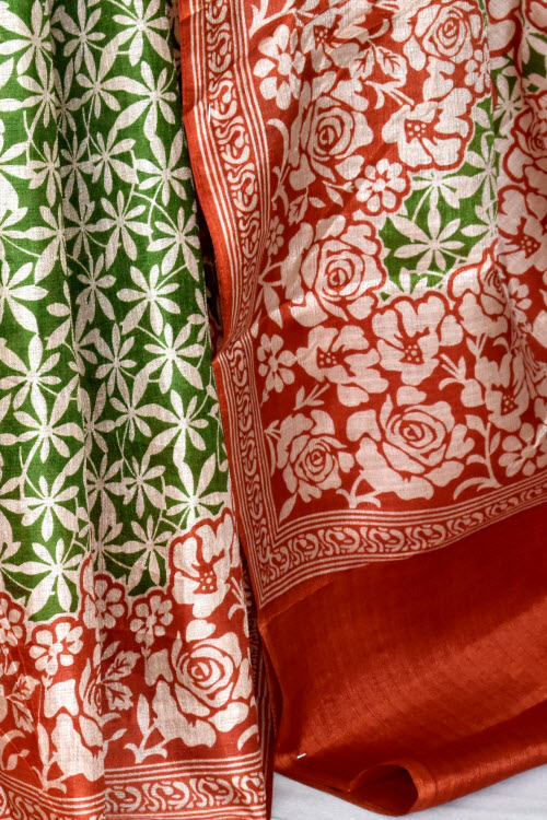 Rust-Green Printed Art Silk Saree with Blouse